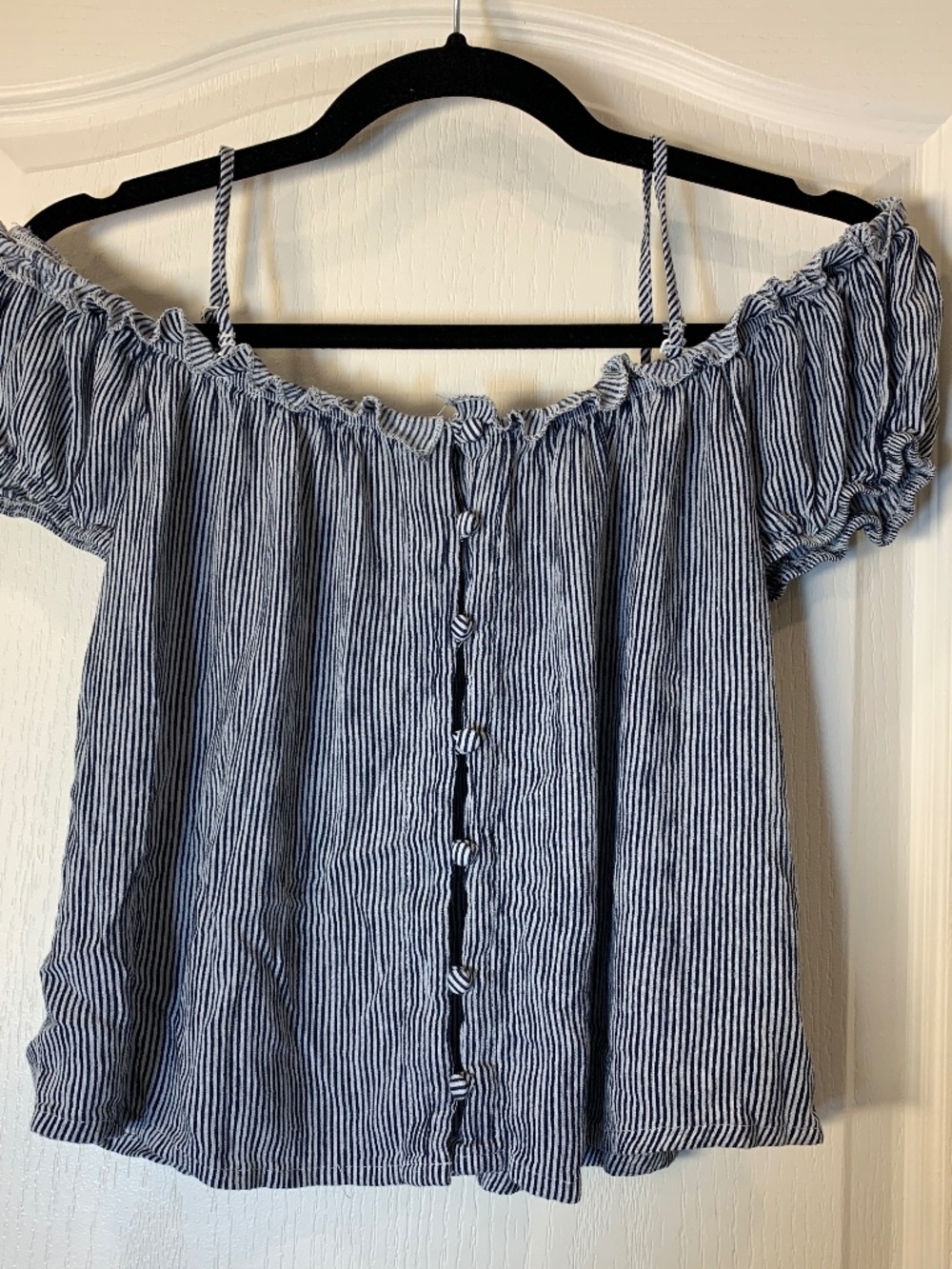 American Eagle Off-Shoulder Striped Peasant Top Blue White Boho Summer‎ Size S